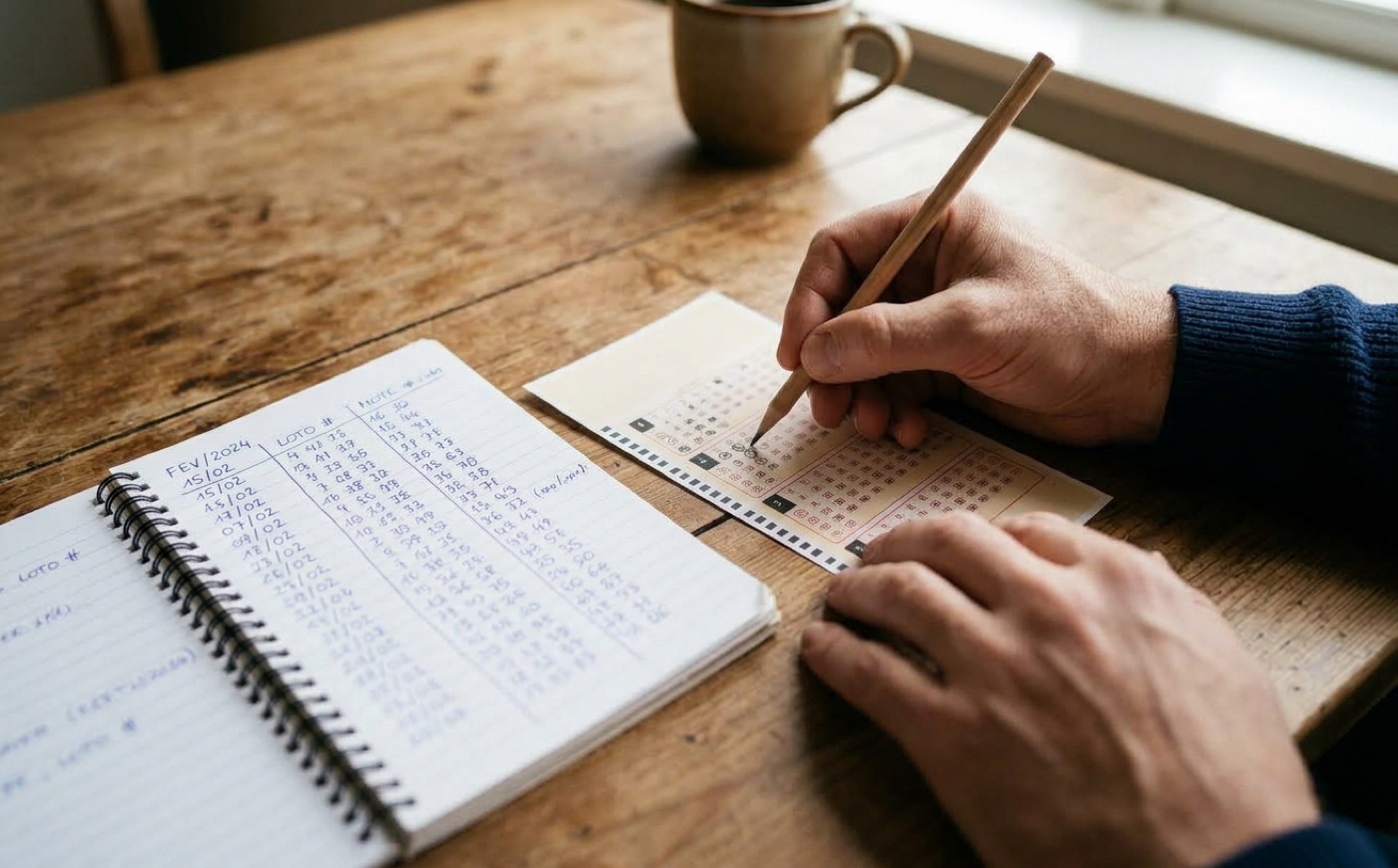 Hands filling in a lottery play slip next to a notebook of past numbers