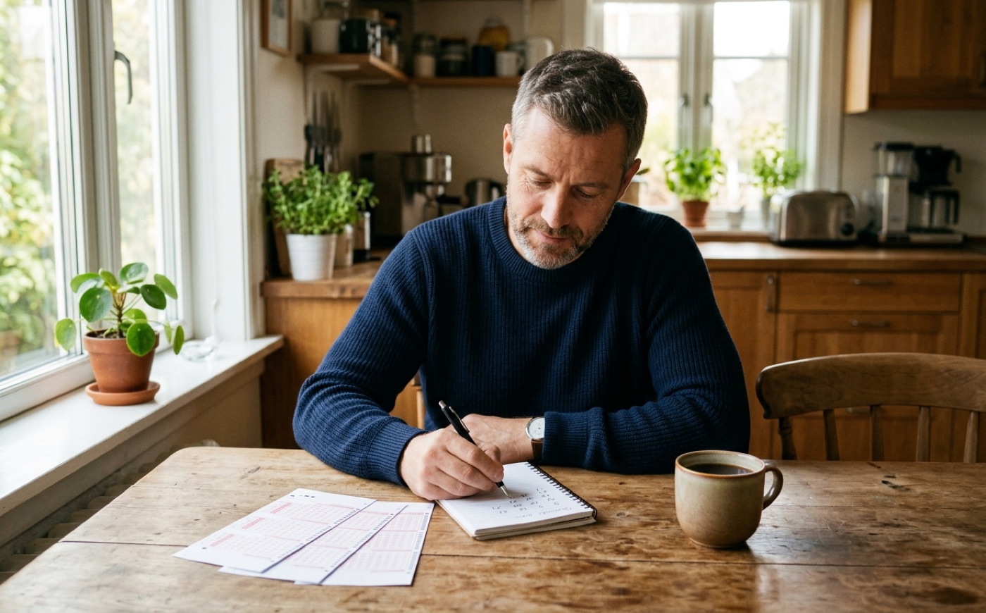 Man writing numbers in a notebook at a kitchen table with lottery play slips