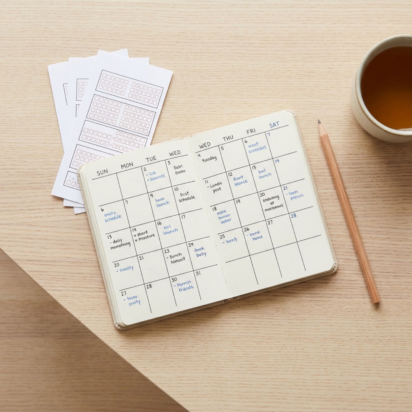 Weekly planner notebook with lottery slips and a cup of tea