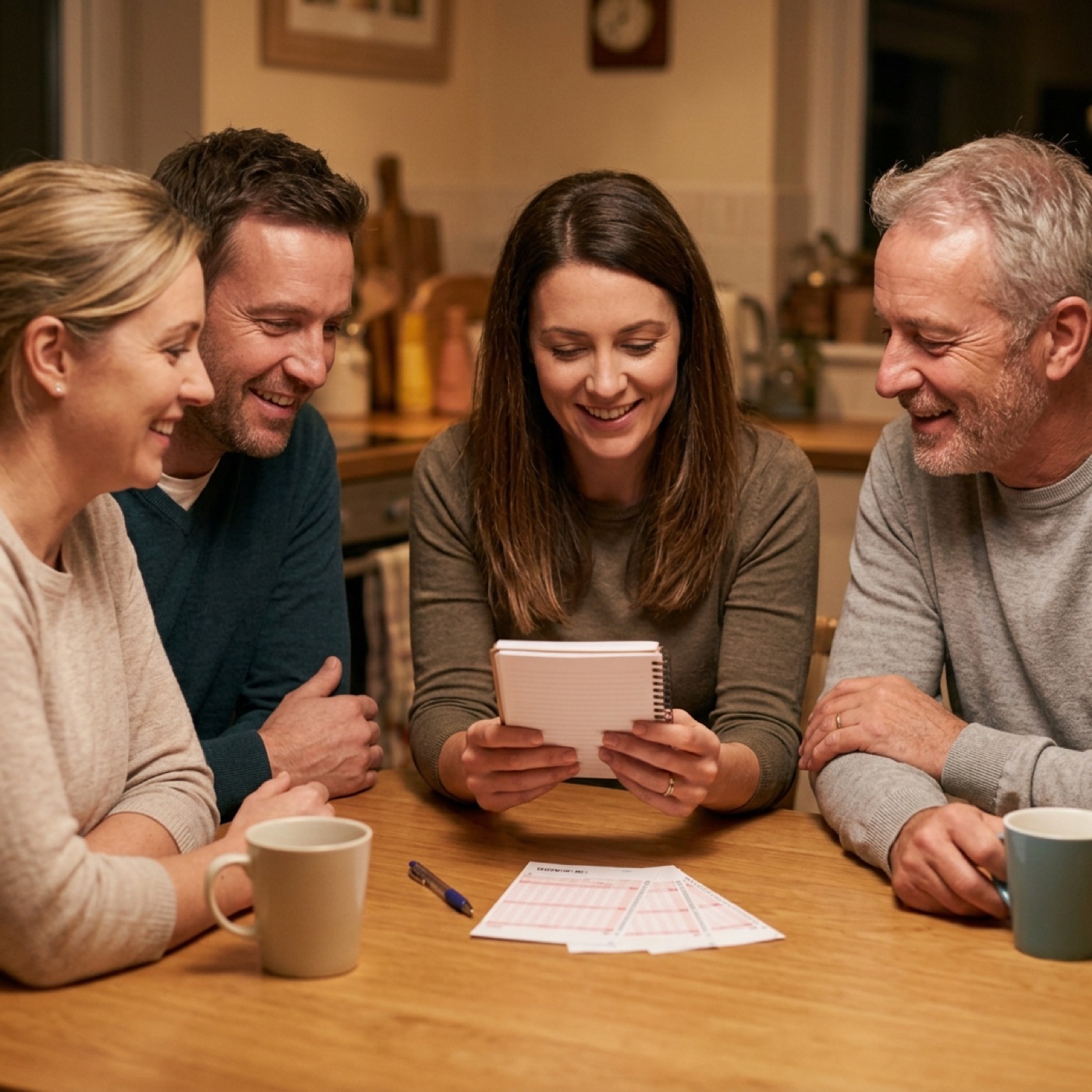 Group of friends gathered around a kitchen table with a notebook and lottery slips